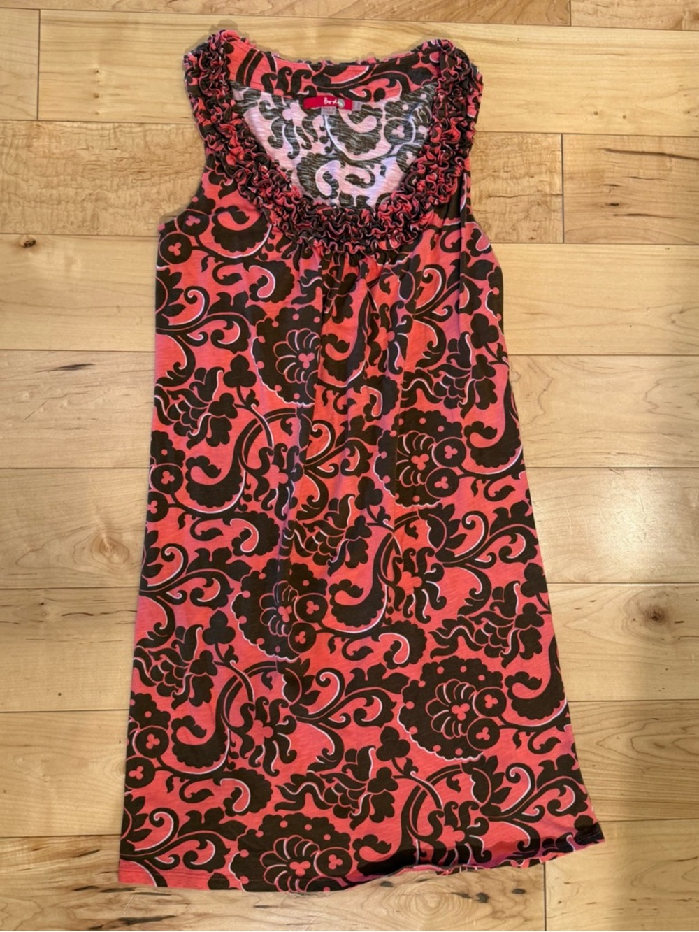 Coral and Brown Ruffled Neck Sleeveless Dress